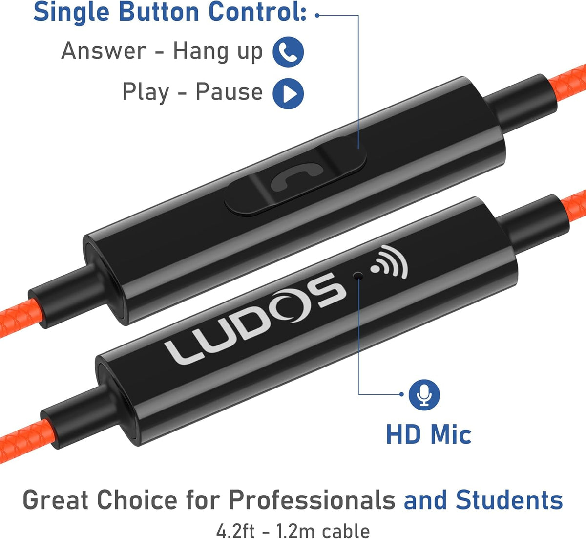LUDOS Clamor Wired Earbuds in-Ear Headphones, 5 Years Warranty, Earphones with Microphone, Noise Isolating Ear Buds, Memory Foam for iPhone, Samsung, School Students, Kids, Women, Small Ears - Coral