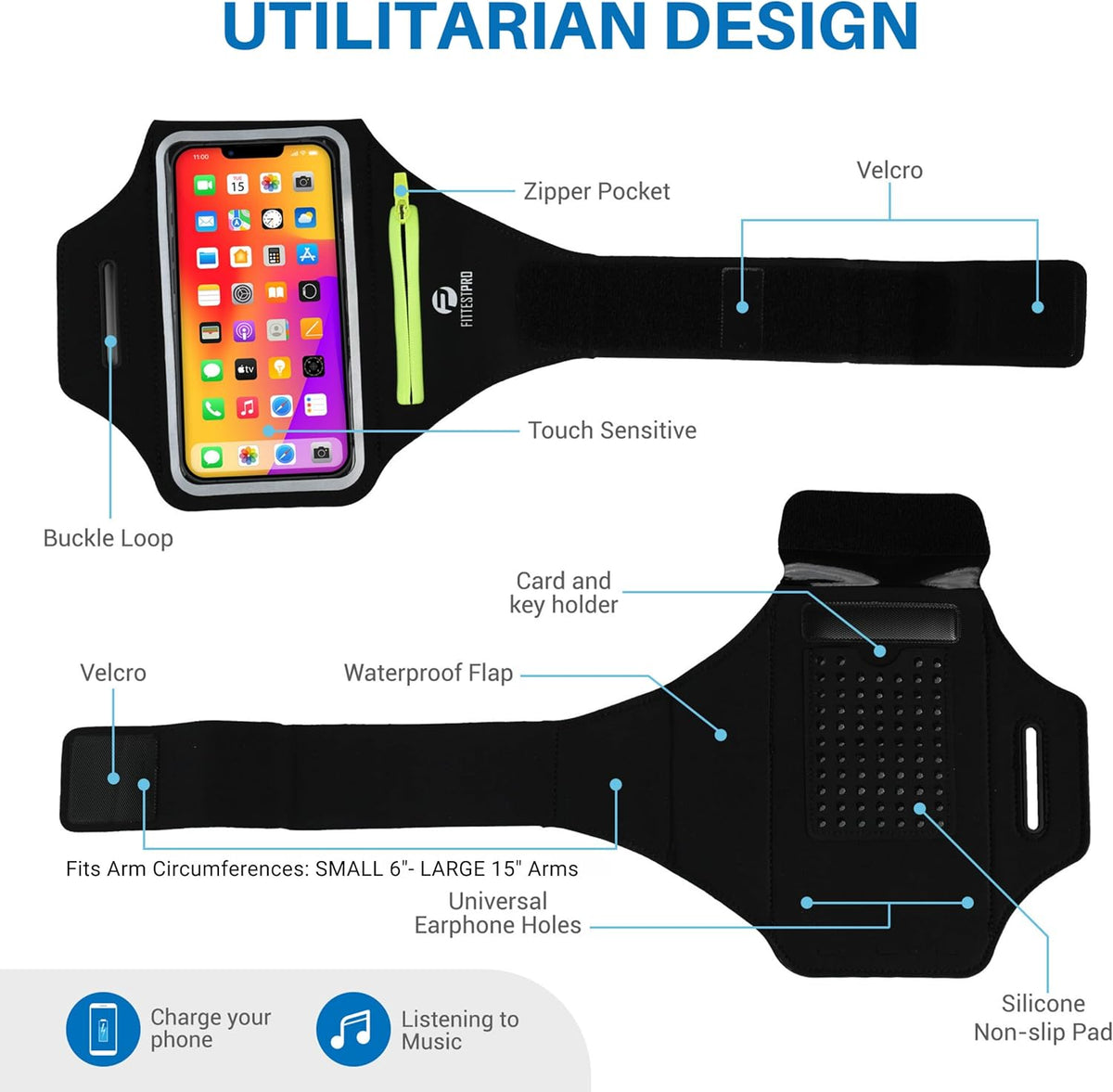 Fittest Pro Running Armband with AirPods Pocket – Water Resistant Phone Holder for iPhone 16 15 14 13 Pro Max, Galaxy S25 S24 S23, Fits Phones Up to 6.9", with Zipper Key/Card Slot