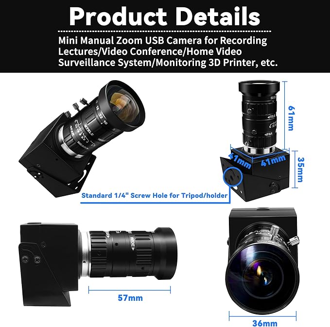 ELP 5-50mm 10X USB Zoom Camera 12mp Manual Zoom Webcam for Computer 1080P 120fps Variable Focus Lightburn Camera High Speed USB2.0 PC Cam Varifocal USB Security Webcamera for Video Conference