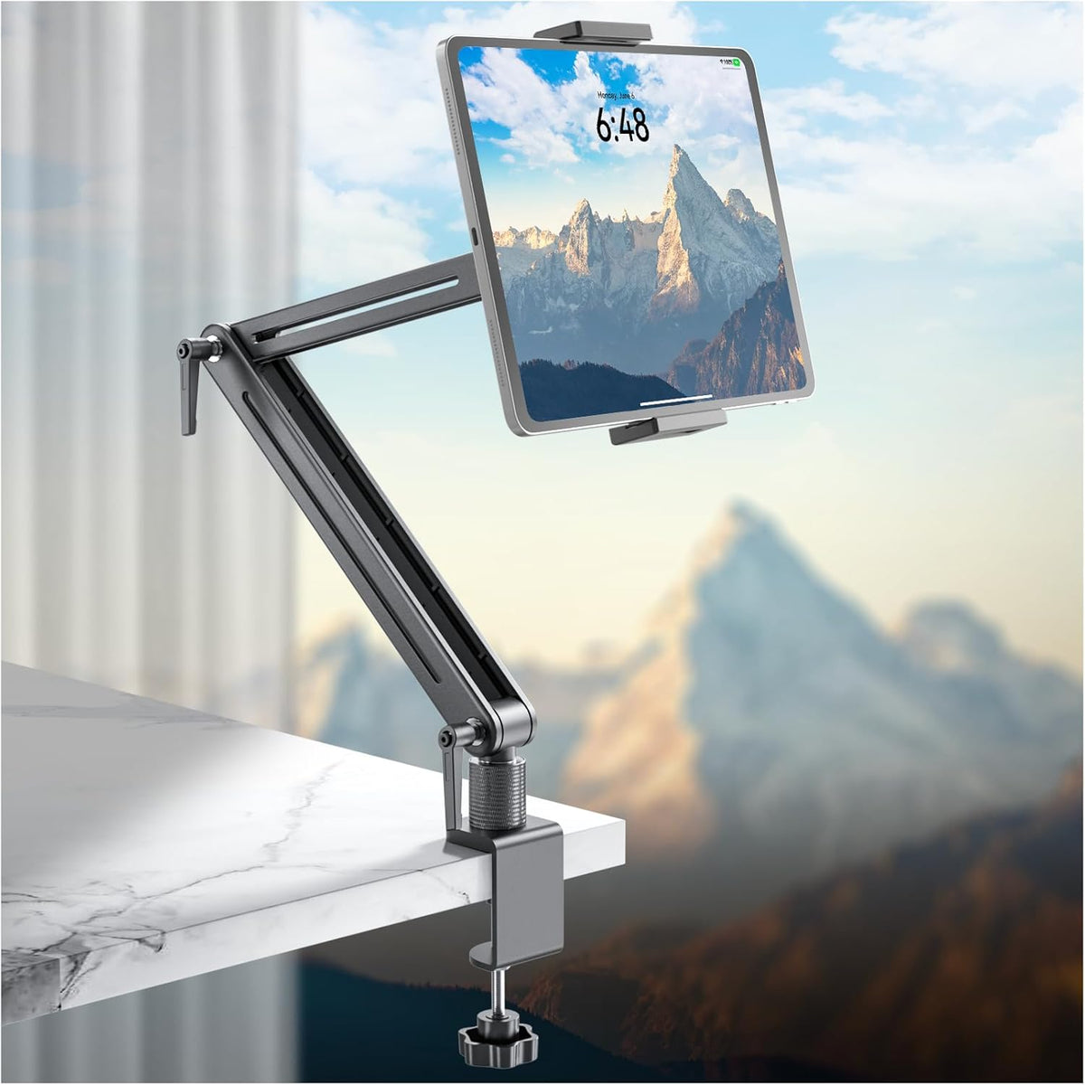 Jakeko Adjustable Tablet Mount for Desk - 360° Rotating Base Tall Arm Holder Stand for iPad Air/Pro/Mini Swivel Flexible Clamp Soporte para Tablet/Portable Monitor/Ereader