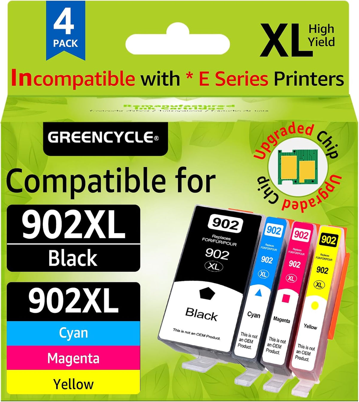 Upgraded 902XL Ink Cartridges Combo Pack Replacement for HP 902 902 XL Compatible with HP Officejet Pro 6968 6978 6970 Officejet 6950 6951 6962 Printer (1BK/1C/1M/1Y, 4 Pack)