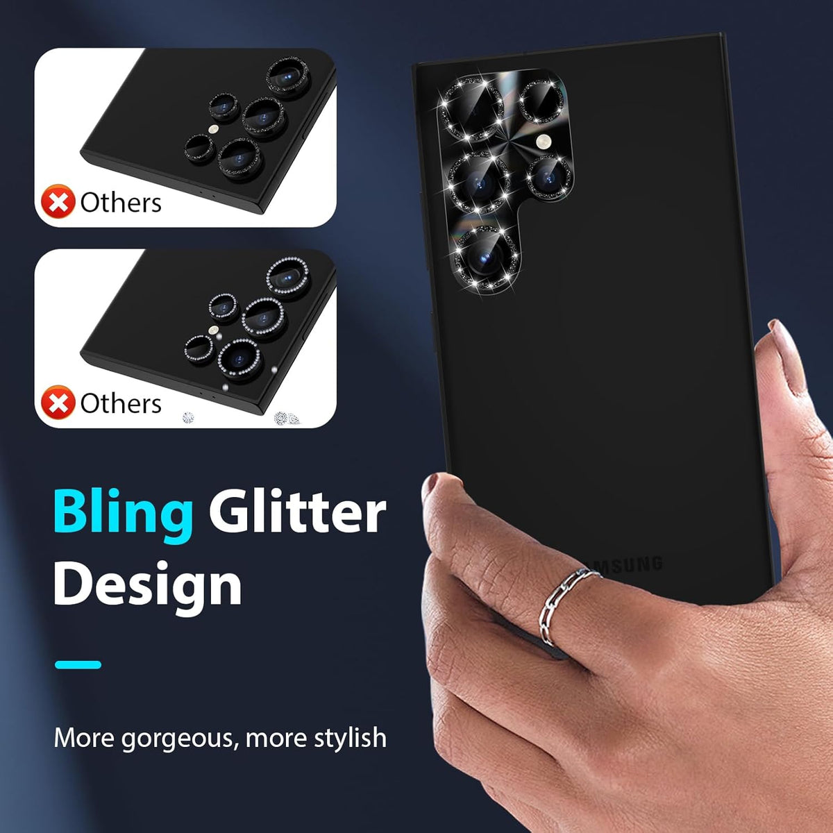 YWXTW Camera Lens Protector for Samsung Galaxy S24 Ultra, [Lithography Laser Gradient] [5X Strengthen] Bling Glitter Tempered Glass Screen Protector Metal Ring Camera Lens Cover (Titanium Black)