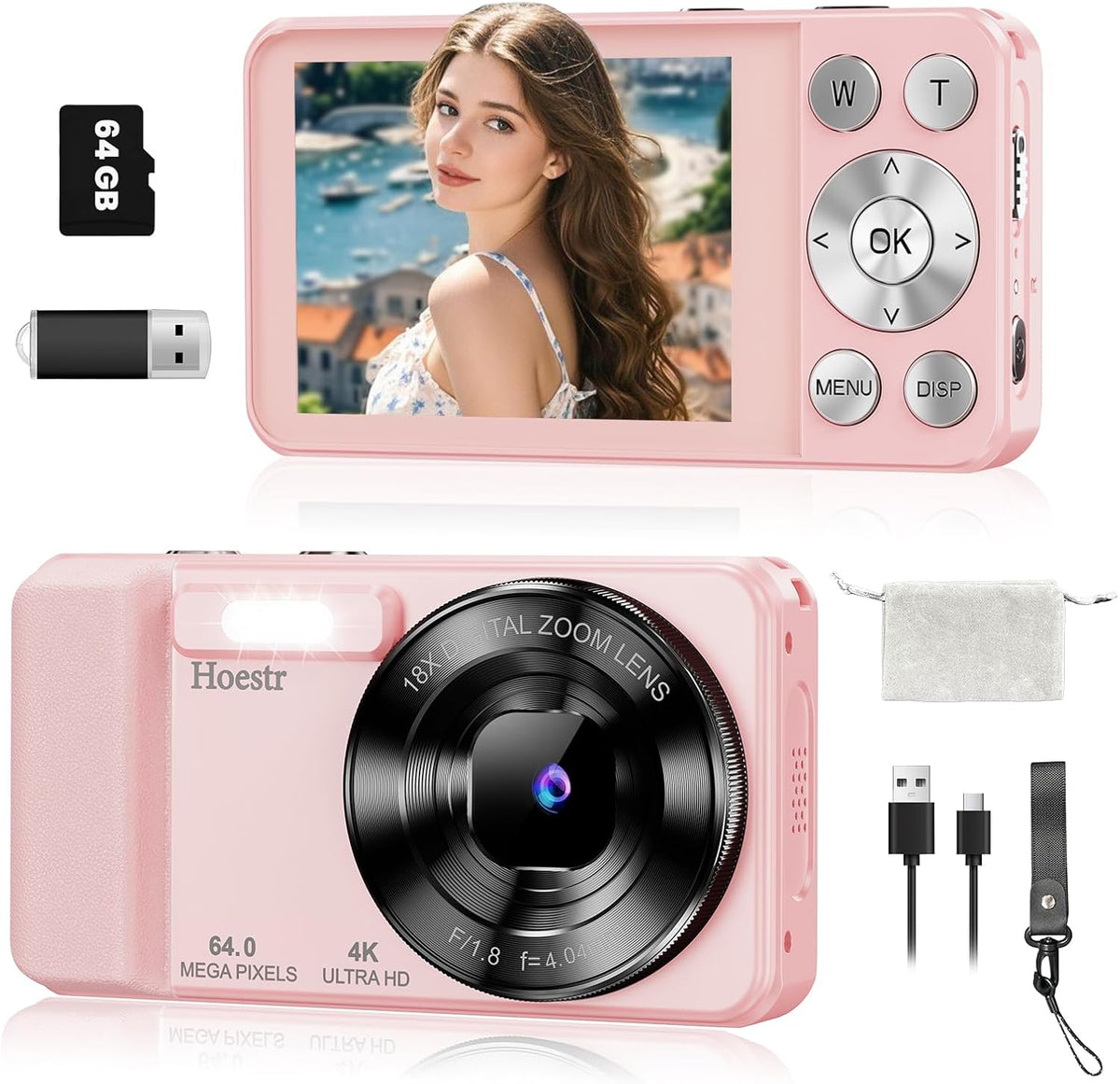 Hoestr 64MP 4K 18X 64GB 2.8" Digital Camera, Zoom Autofocus Point and Shoot Compact Camera with TF Card, Flash, LCD