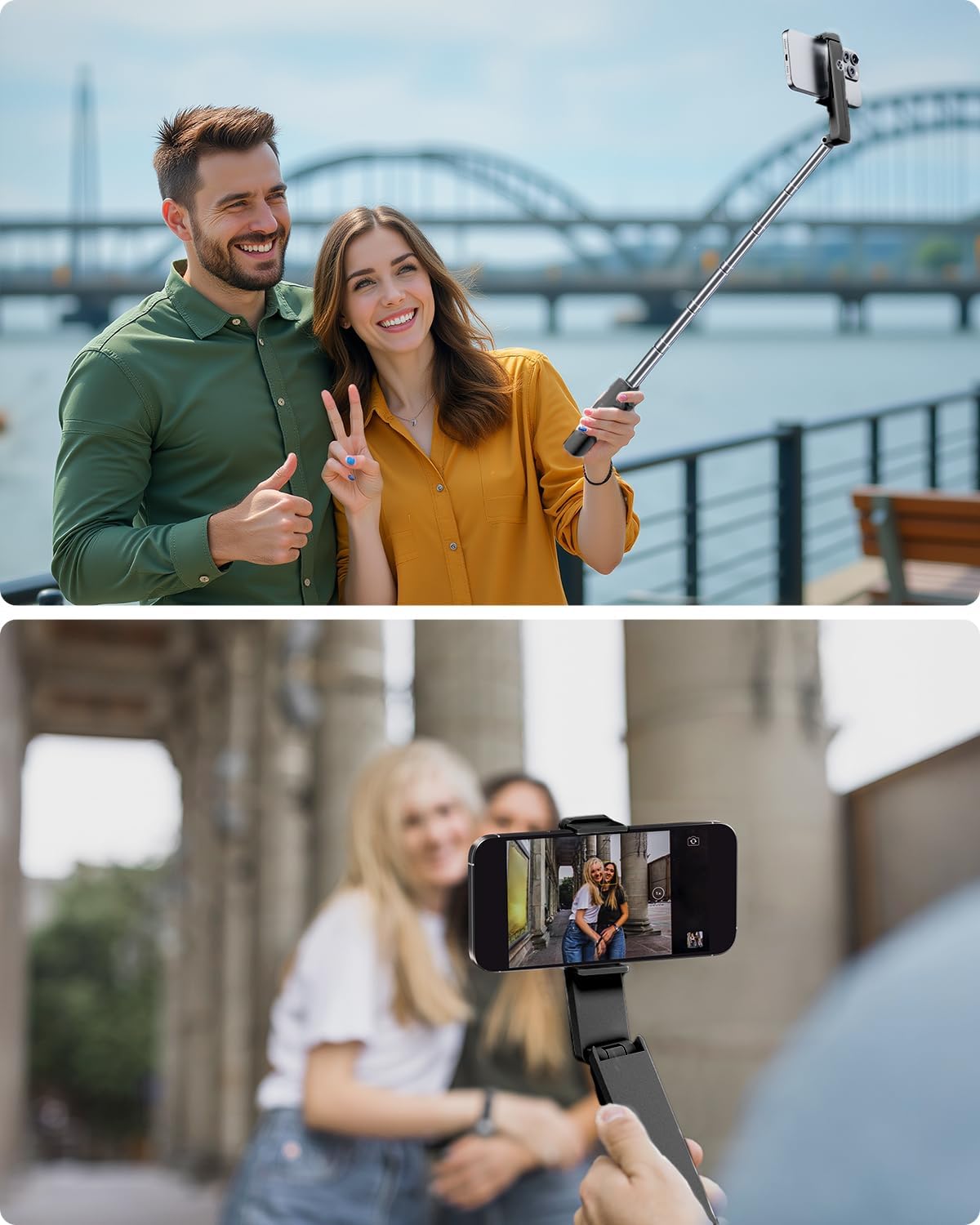 Viozon Portable Selfie Stick, Lightweight Extendable Stainless Steel Tube,All-in-One Compact Selfie Stick with Wireless Remote Compatible with 4-7" iPhone/Android Phones for Vlog/Travel/Filming, Black