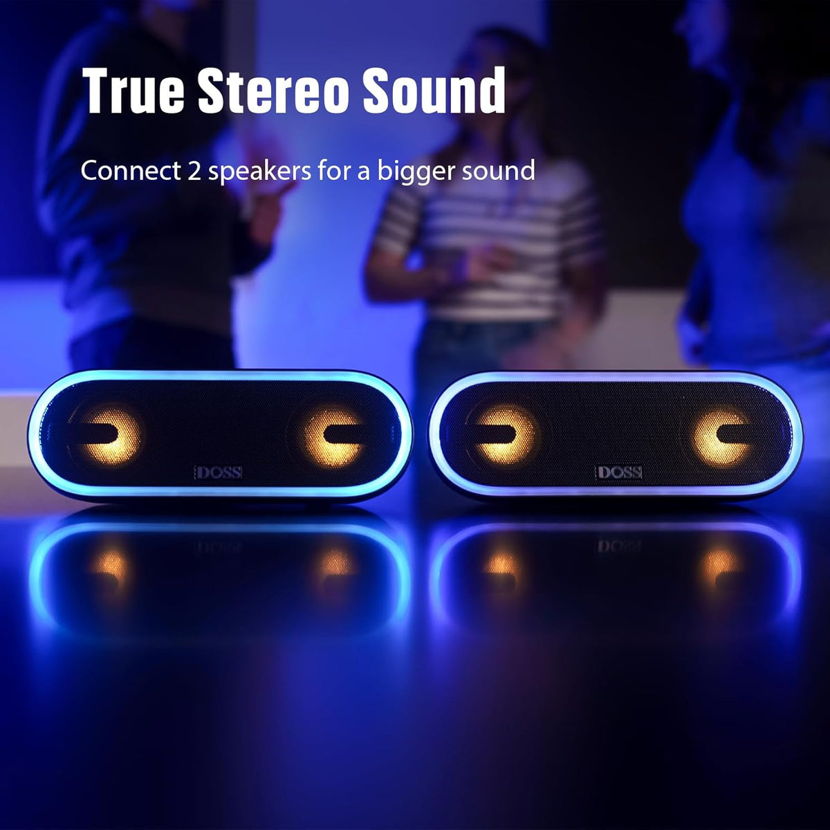 DOSS SoundBox Pro+ P300 Bluetooth Speaker with 40W Stereo Sound, Extra Bass, IPX6 Waterproof, TWS Pairing, Diverse Lights Show, 20H Playtime, BT 5.3 Speaker for Party, Camping, Beach - Blue