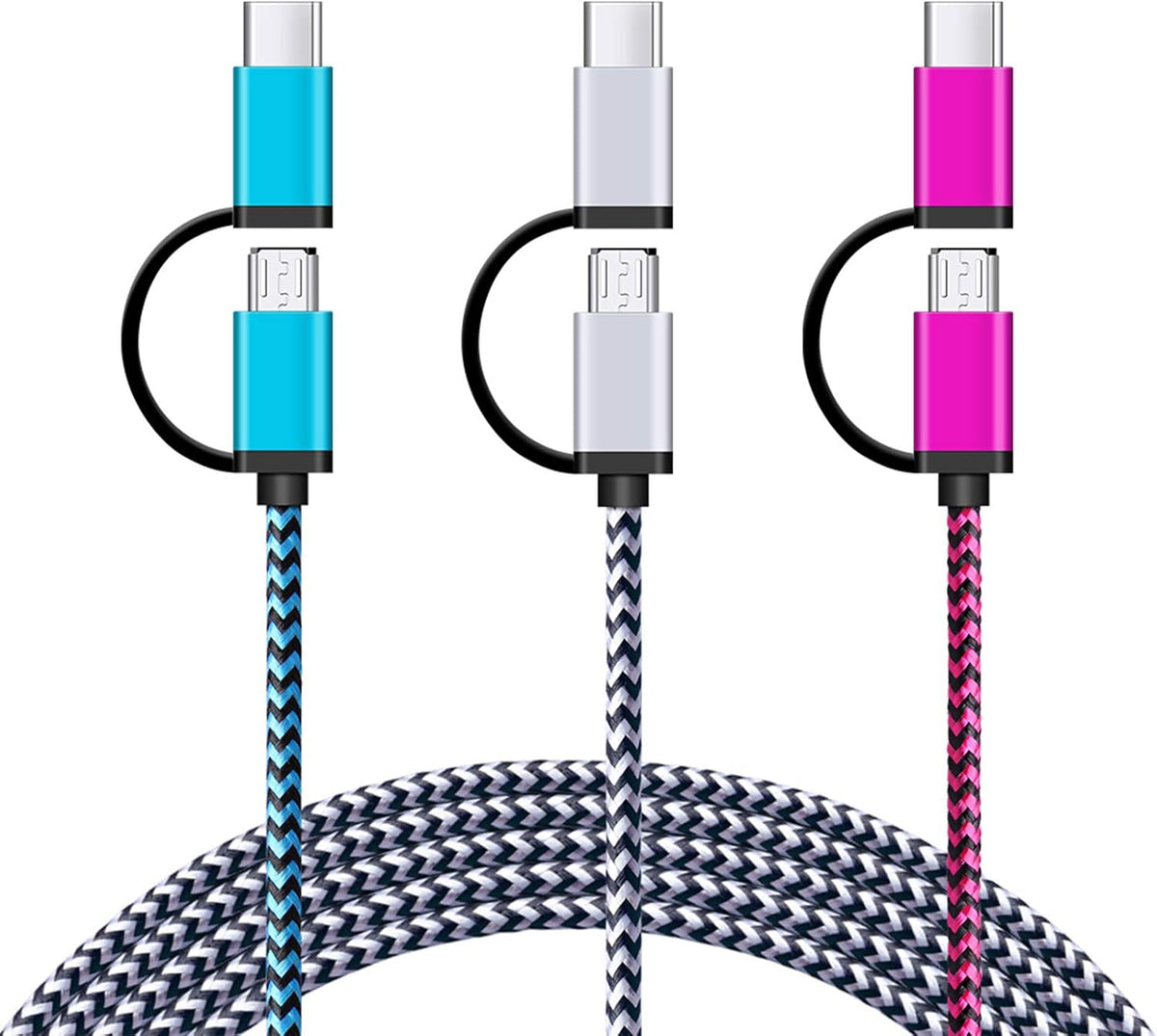 USB C Cable, SIXSIM 3Pack 6Ft 2 in 1 Cable Type C Charger Cable Nylon Braided USB A and Micro USB Cable for iPhone 16/16 Pro/16 Pro Max, Samsung Galaxy S24 S23 Ultra S22 S21 Plus, More Android Devices