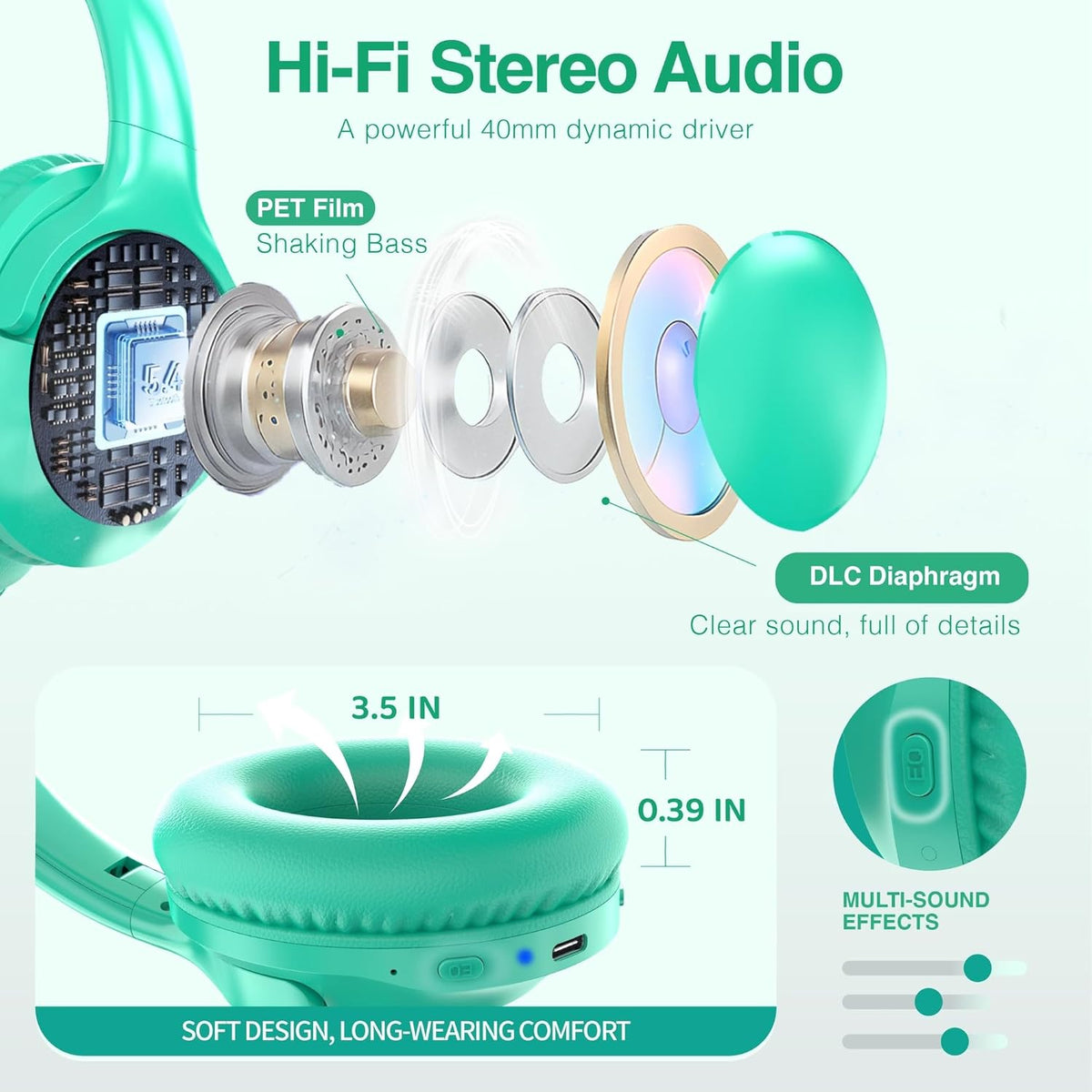 MIDOLA Bluetooth Headphones Over Ear 68H Playtime 6 EQ Wireless Headset with Microphone HiFi Stereo Foldable Lightweight Deep Bass for Travel Home Office Cellphone Cyan