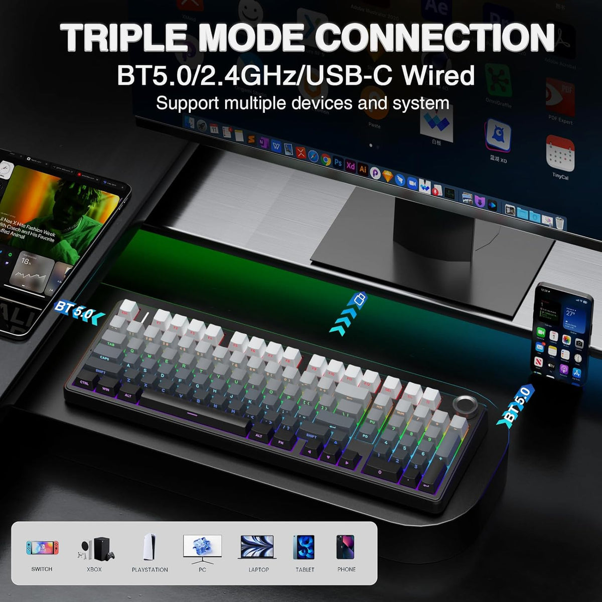 AULA F99 Pro Wireless Mechanical Keyboard with Knob,Tri-Mode BT5.0/USB-C/2.4GHz Hot Swappable Keyboard,Pre-lubed Switches,RGB Backlit PBT Keycaps Computer Gaming Keyboards (Side Printed Black)