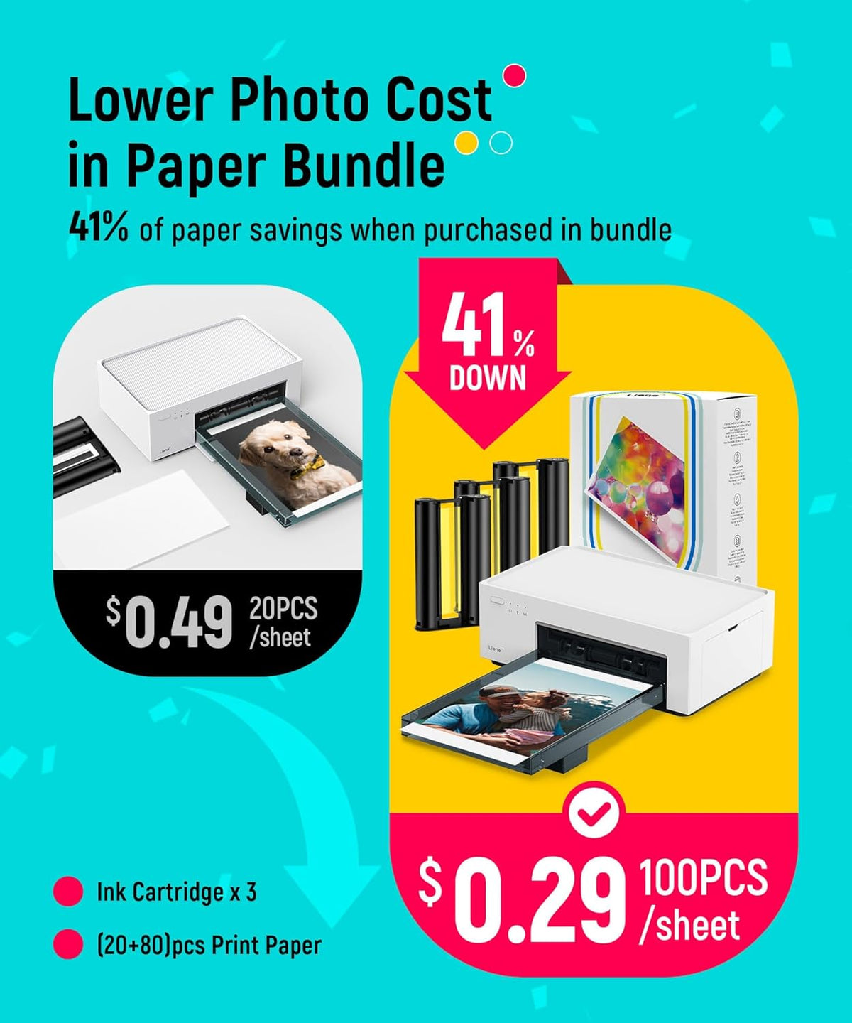 Liene M100 4x6'' Photo Printer, Phone Printer 100 Sheets & 3 Cartridges, Full-Color Photo, Portable Instant Photo Printer for iPhone Android, Thermal Dye Sublimation, Wi-Fi Picture Printer 100 Papers