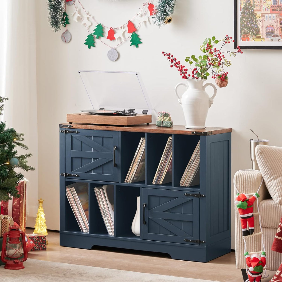 Large Record Player Stand with Vinyl Storage Up to 450 Albums, 39 Inch Farmhouse Wood Navy Blue Vinyl Records Storage Cabinet with Barn Doors, Mid-Century Turntable Stand for Living Room