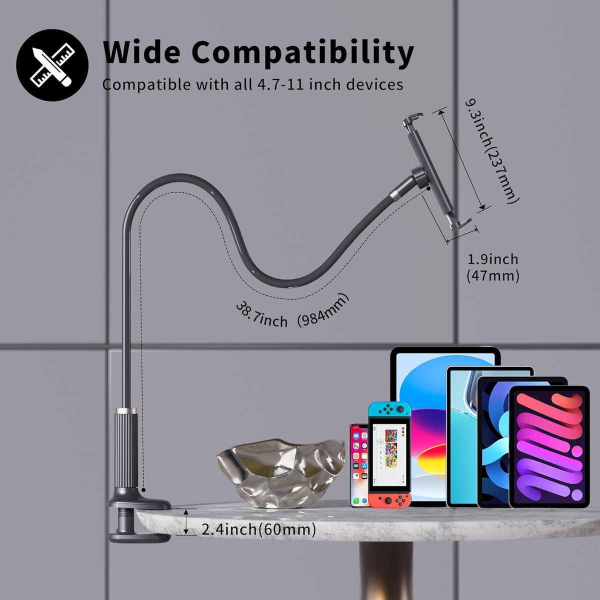 K-MT 【38.7inch/98cm】 Tablet Phone Holder Bed Gooseneck Mount, Mount Holder Clip with Grip Flexible Long Arm Compatible for ipad iPhone/Switch/Samsung Tabs/Kindle Fire HD K-MT(Black)
