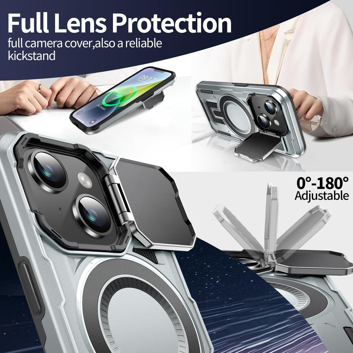 Camera Stand Case for iPhone 13/14, [Compatible with MagSafe] [Lens Cover] 2024 Version Military Grade Protective Soft Case for iPhone 13/14 6.1 inch Men Women, Grey