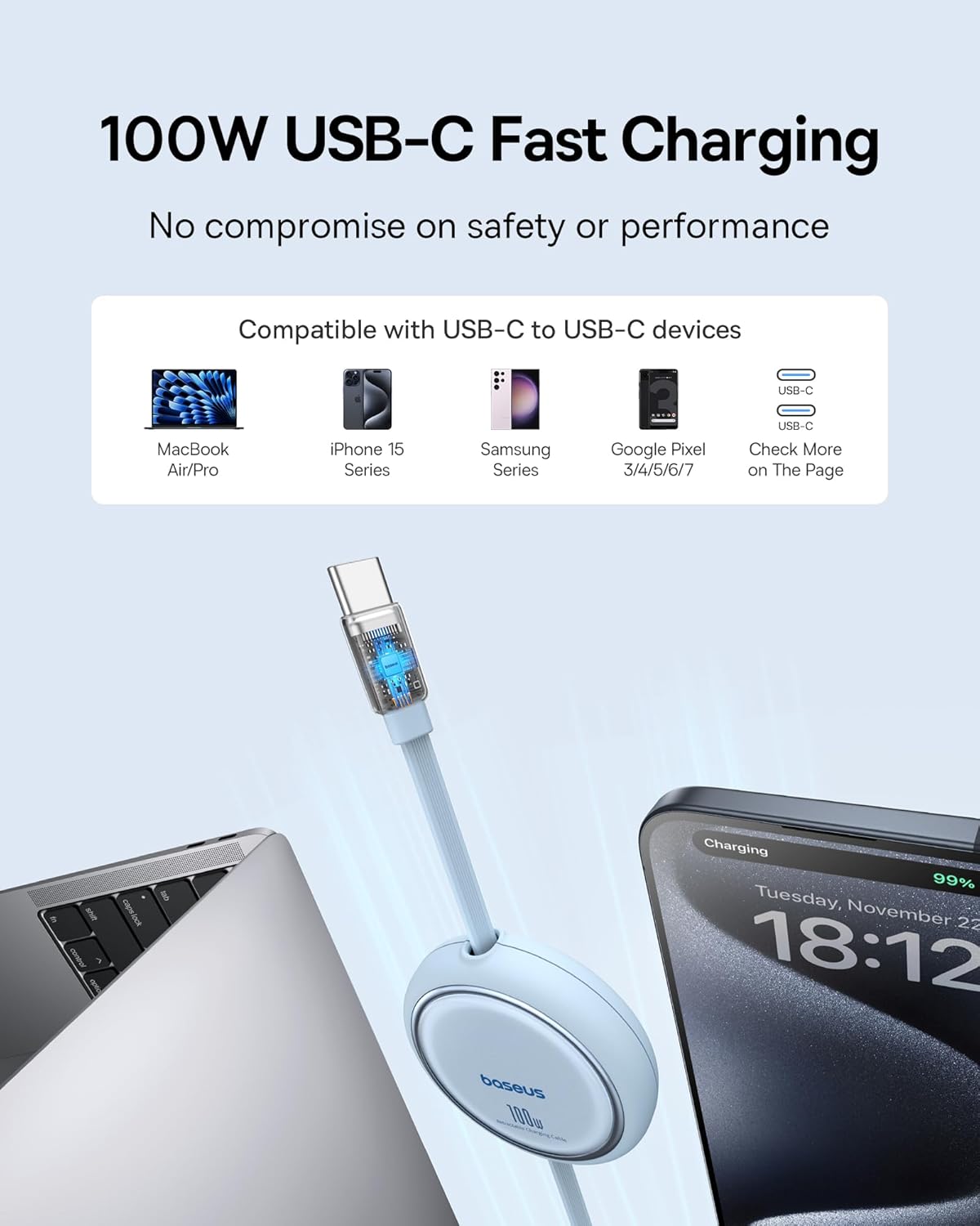 Baseus USB C to USB C Cable, 100W Retractable USB C 5A Fast Charging Cable, 4-Stage Length Preset USB Type C Charger Cord for iPhone 16 15 Pro Plus Pro Max, MacBook, iPad, Samsung S24/S23+ (3.3ft)