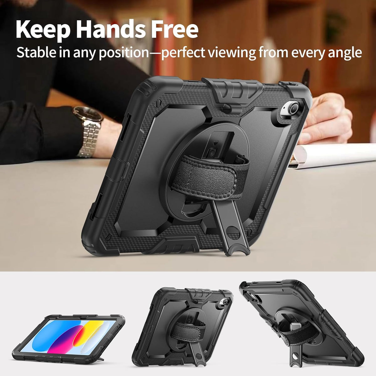 Ambison Case for iPad (A16) 11th/10th Generation 11"/10.9'' 2025/2022,Heavy Duty Shockproof Case with Tempered Glass Screen Protector, 360° Rotating Handle Strap&Stand,Shoulder Strap-Black
