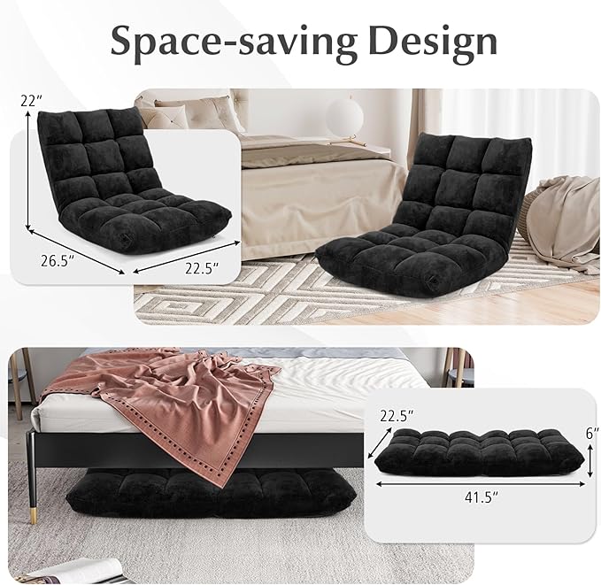 BestComfort Floor Chair with Back Support Floor Gaming Chairs w/ 14 Adjustable Position Padded Sleeper Bed Folding Floor Seating for Living Room Reading Watching TV Meditation for Adults &amp K