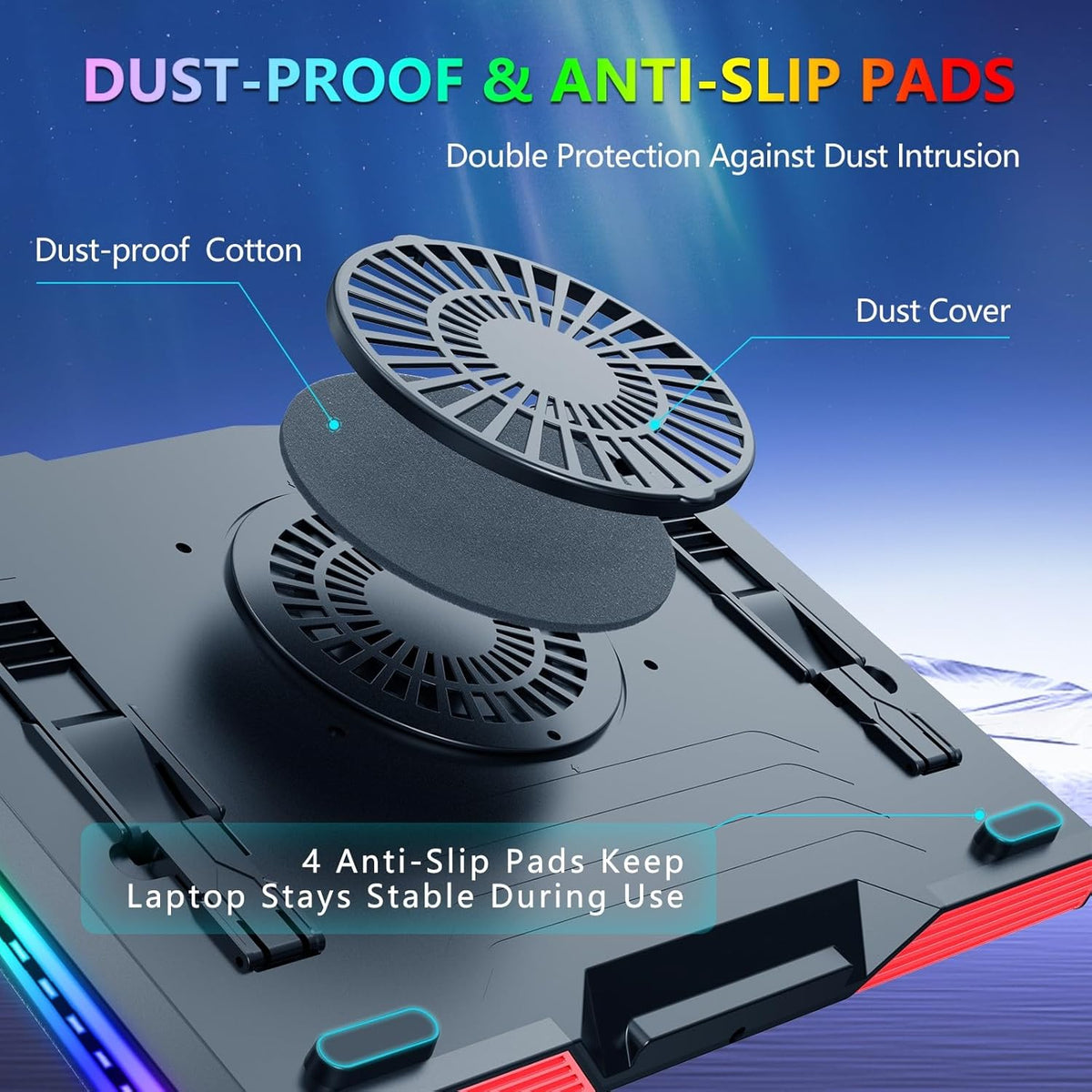 LIANGSTAR Gaming Laptop Cooling Pad, RGB Laptop Cooler with 3 Powerful Turbofans, 5 Height Adjustable Laptop Cooling Stand, 5 Fan Speed Touch Control, Seal Memory Foam for Cooling 12-19.3 inch Laptop