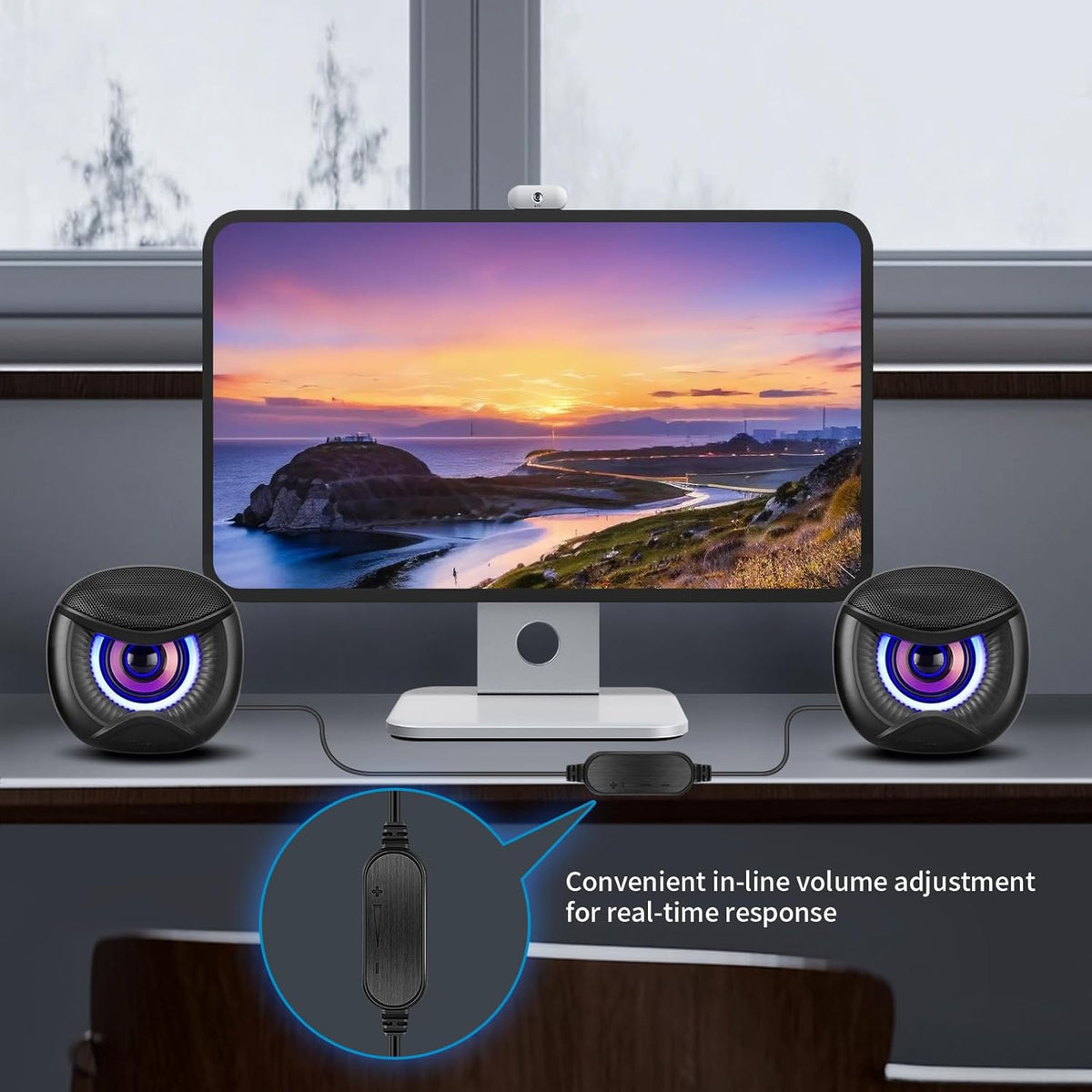 USB Powered Computer Speakers with RGB Blue Lighting 2.0 Stereo Sound System, Headphone Jack, Plug and Play, Works with PC/Laptop (USB-C Adapter Included)