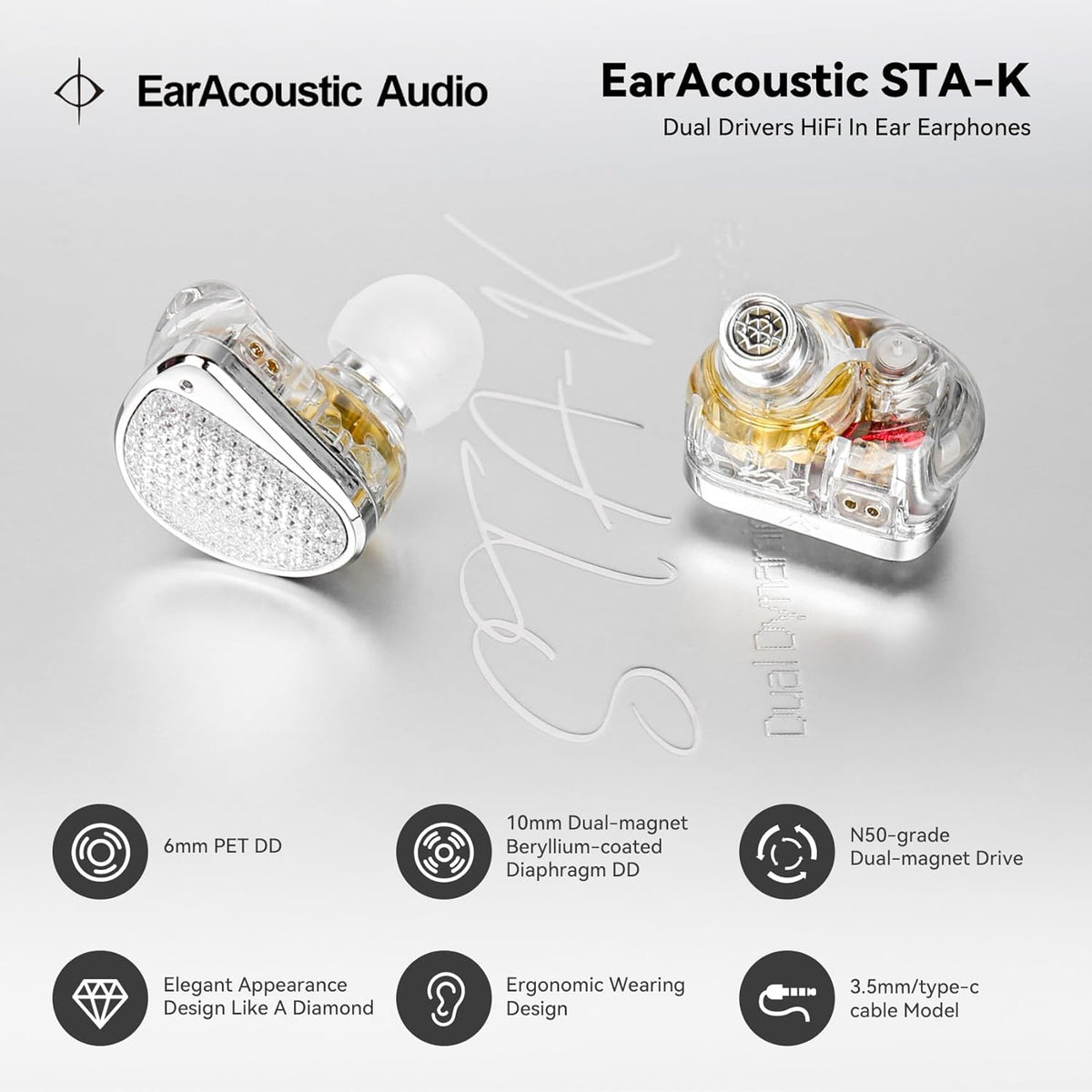 STA-K In Ear Monitor, EarAcoustic Audio HiFi Stereo Wired Earbuds, Hybrid Dual Drivers IEM Headphones, Crystal Clear Sound IEM Earphones with 2 Pin Cable for Musicians (With Microphone Usb, Silver)