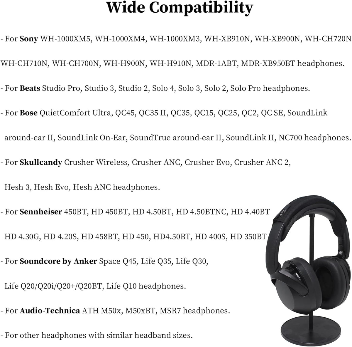 Adhiper Universal Headphone Headband Cover for Sony Beats Bose Soundcore HyperX ATH Skullcandy JBL Jabra, Headband Cover Cushion Protector for Sony XM4, XM5 & Beats Studio Pro/Solo4 Headphones - Black