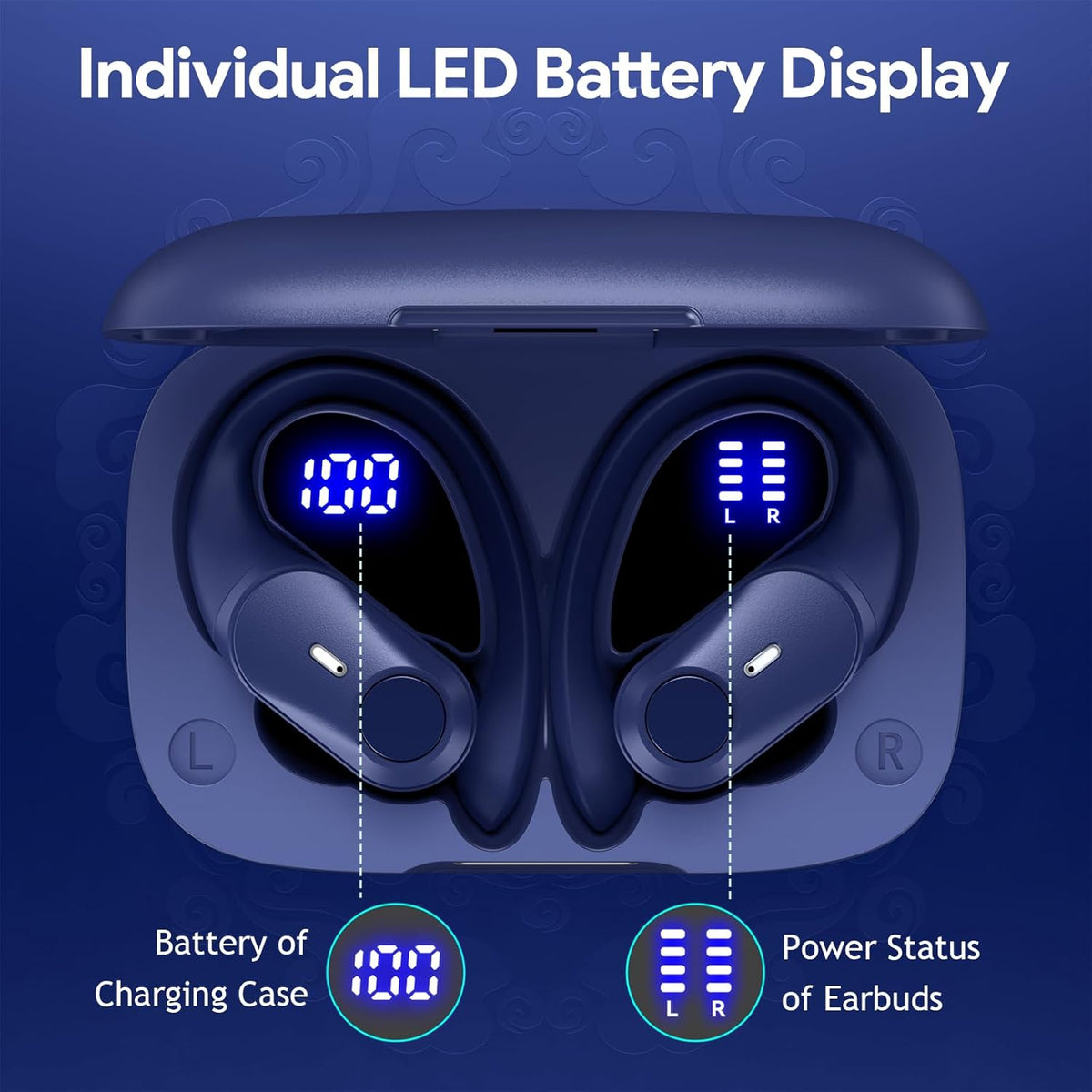 GOLREX Active Noise Cancelling Ear Buds Wireless Earbuds Bluetooth Headphones with 80H Playtime LED Display Wireless Charging Case, Over-Ear Hooks Earbud for Sports Running Gym Workout Blue
