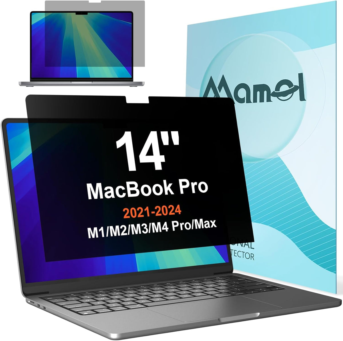 Privacy Screen for MacBook Pro 14 Inch (2021-2024, M1, M2, M3, M4, Pro, Max), Matte Anti Glare Blue Light Filter, Nano No Glue Anti Spy Black Protector for Mac Pro 14In Laptop Computer