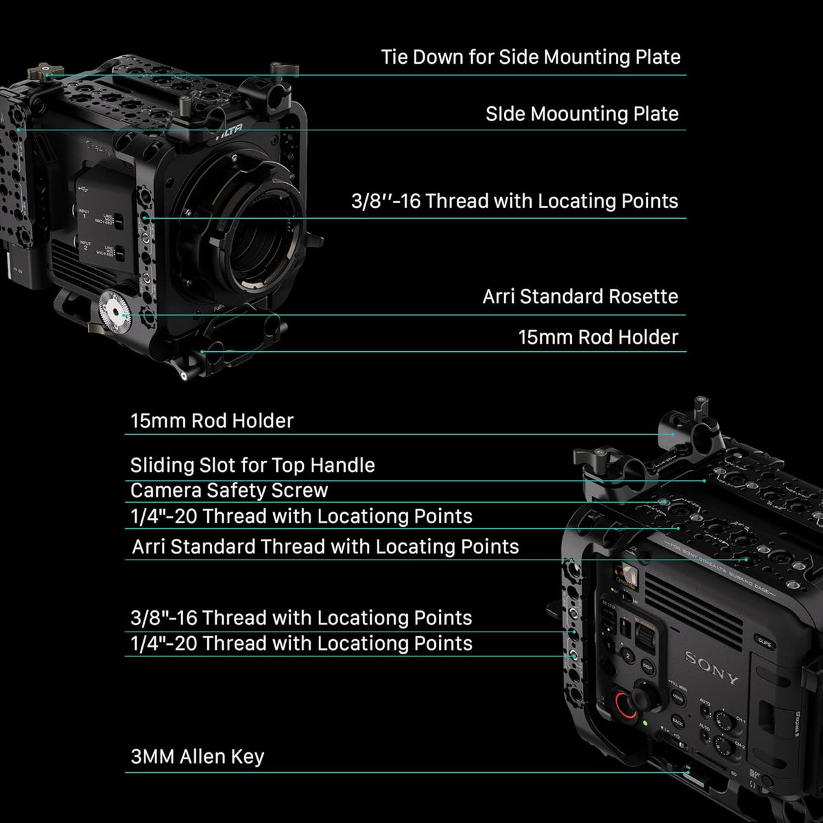 Tilta Camera Cage Compatible with Sony BURANO | Arri Rosettes, 1/4"-20 and 3/8"-16 Threads | w/Top Handle, Left/Right Side Arm, Battery Plate (Advanced Kit - V Mount)