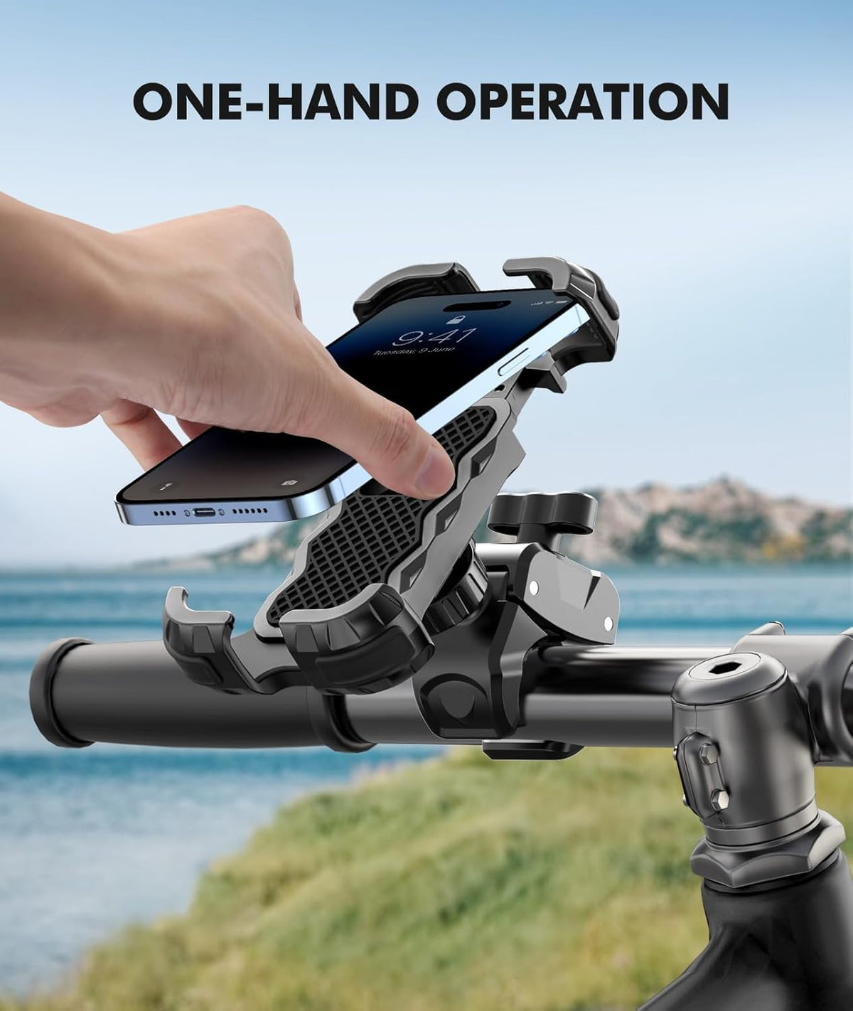 Motorcycle Phone Mount, Upgrade Bike Phone Mount [1s Lock][Secure Protection], 360° Rotatable Phone Holder for Mountain Bike/ATV/Scooter Handlebar Stand, Compatible with iPhone/Samsung 4.7-6.7"