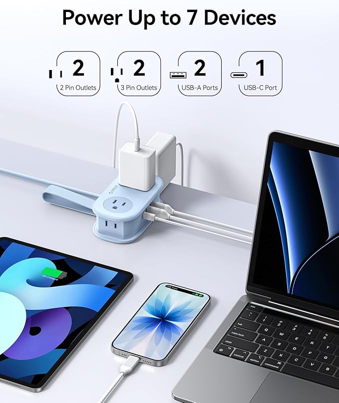 ORICO Blue Travel Power Strip PD20W with 4 AC Outlets 3 USB Ports (1 USB-C), 4FT Flat Plug Extension Cord, Compact Portable Design for Business Travel, Cruise Ship Essentials-AP3