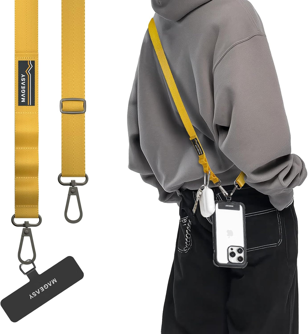 MAGEASY Universal Cell Phone Lanyard Crossbody - Anti-Theft Crossbody Phone Strap for iPhone 16 Pro Max & Most Smartphones, for Men & Women | 20mm (Mustard Yellow)