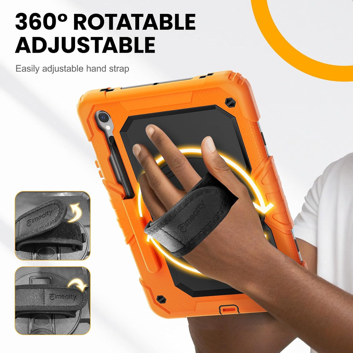 Timecity Case for Samsung Galaxy Tab S10 FE/ S9 FE 5G 10.9 Inch/ S9 11 Inch - Heavy Duty Protective Cover with Screen Protector, Rotating Stand, Shoulder Strap & S Pen Holder | Kids-Friendly, Orange