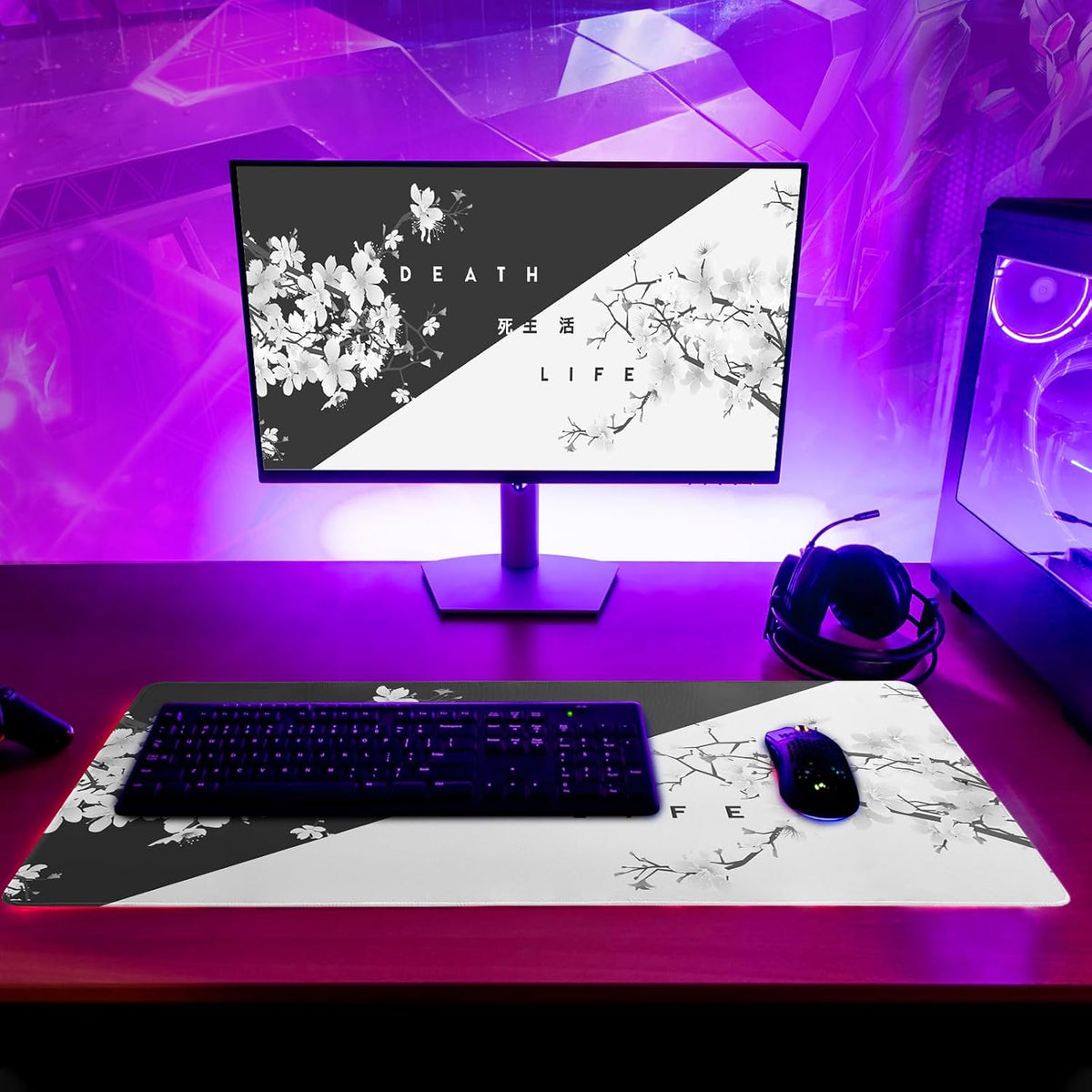 Black and White Mouse Pad 31.5 X 11.8 Inch Japanese Cherry Blossom Extended Large Mouse Mat Non-Slip Rubber Mousepad Stitched Edges Keyboard Mouse Mat Desk Pad for Office Home Game