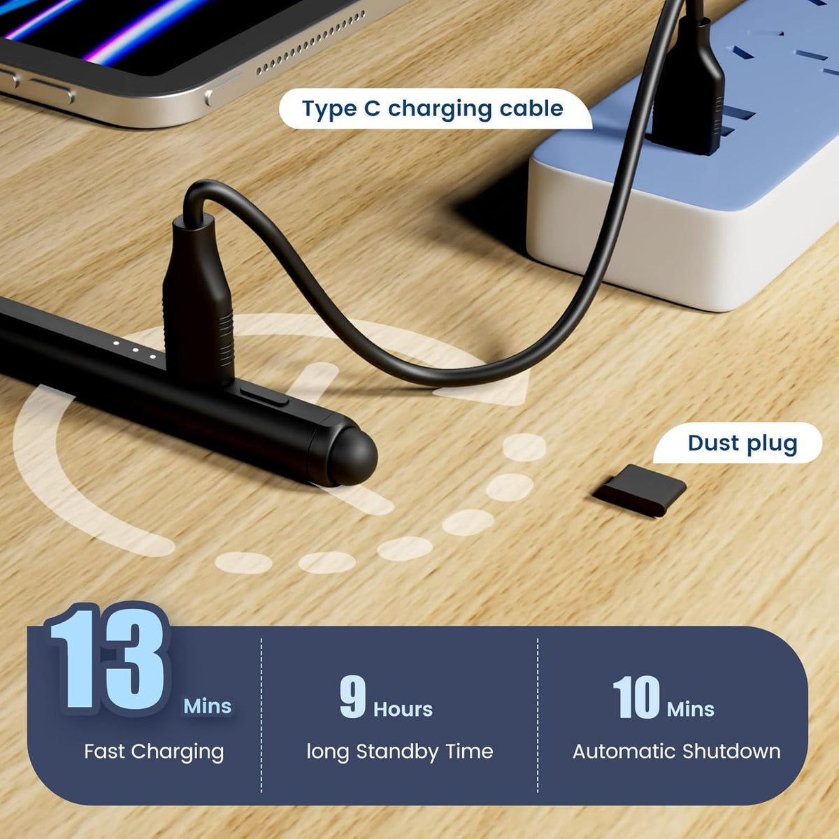 Stylus Pen for iPad, Dual-Tip 13 mins Fast Charge Pencil for Apple, Palm Rejection, Tilt Sensitivity, Compatible w/iPad 6/7/8/9/10, Pro 11/12.9in/M4, Air 3/4/5/M2, Mini 5/6 - Black