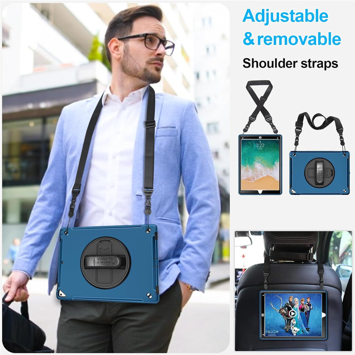Case for iPad Pro 12.9 2nd Generation 2017& 2015 1st Generation, Heavy Duty TPU Protective Cover with Screen Protector- 360° Rotatable Stand + Handle Hand & Shoulder Strap + Pencil Holder- Blue