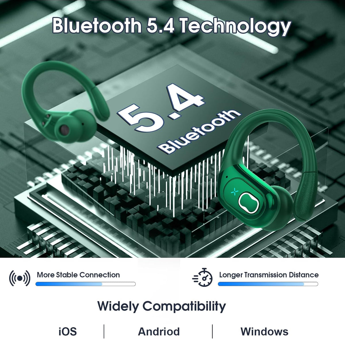 Wireless Earbuds 75hrs Bluetooth 5.4 Headphone Sport, 2025 Bluetooth Earbuds Stereo Deep Bass Over Ear Bud with Earhooks, ENC Noise Cancelling Mic, IPX7 Waterproof Earphone, Dark Green