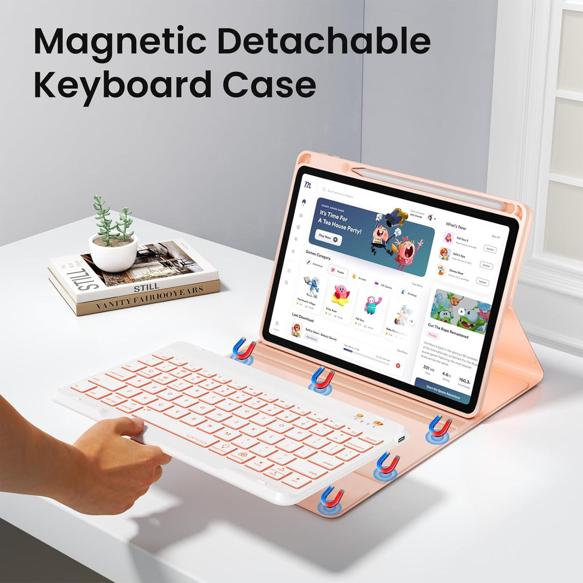 OYEEICE for iPad pro 12.9 case with Keyboard (6th, 5th Generation) & iPad Air 13 inch M2 - Wireless Detachable BT Backlit Magnetic Keyboard, Built-in Pencil Holder, Smart Cover (Pink)