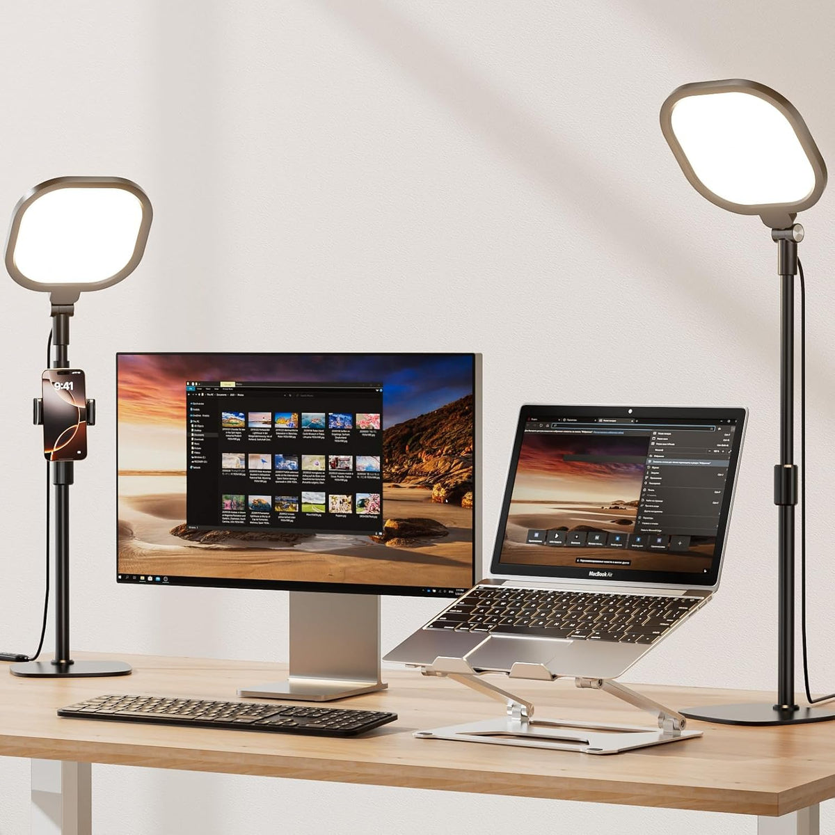 2 Packs Video Conference Lighting Kits, Dimmable Desk Ring Light with Stand and Phone Holder, Computer Laptop Light for Zoom Meeting, Video Calls, Live Streaming, Podcasting, Video Recoring