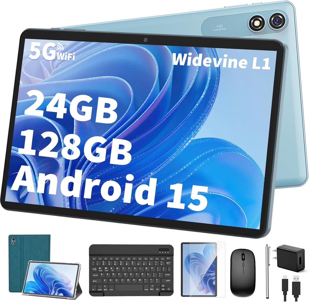 Android Tablet with Keyboard,10 inch Android 15 tablet, 24GB RAM 128GB ROM, 1TB Expand, Octa-Core, Widevine L1, 2.4G/5G WiFi, 8000mAh, Bluetooth, GMS, 2 in 1 Tablet with Case, Mouse, Stylus（Green）