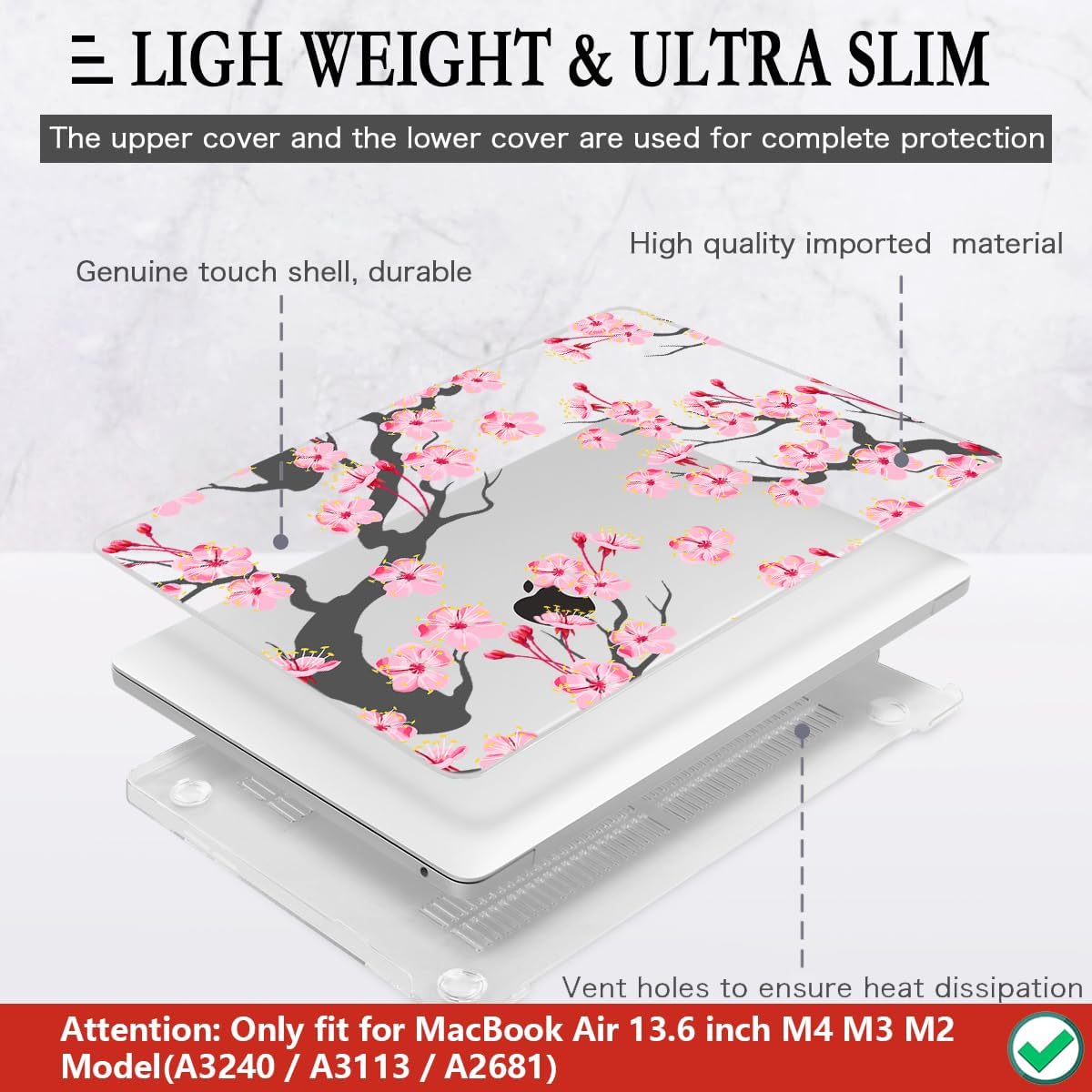 CISSOOK Compatible with MacBook Air 13.6 Inch Case A2681 A3113 A3240 2022-2025 Release, Hard Shell Case with Keyboard Cover for MacBook Air 13.6 M2 M3 M4 - Cherry Blossoms
