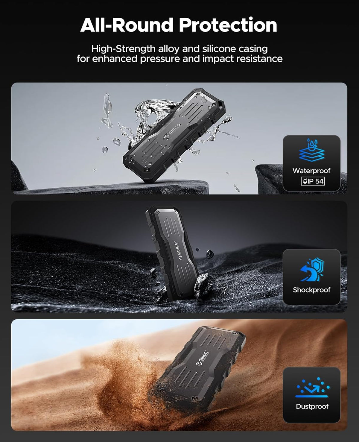ORICO 2TB External SSD Up to 2000MB/s, Interface Extra Protection, Waterproof and Dust-Proof, Rugged and Reliable Outdoor Portable Solid State Drives for Action Camera, Smartphone, Laptop - O20