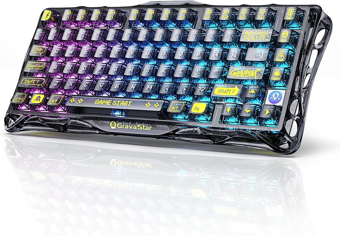 GravaStar Mercury K1 Lite 75% Gaming Keyboard, 2.4GHz/BT/Wired Tri-Mode Wireless Keyboard, Gasket Hot Swappable Mechanical Keyboard, Pre-lubed Linear Switches, RGB Backlit - Transparent Black