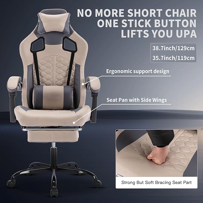 Gaming Chair Home Office Computer Chair Ergonomic Executive Swivel Rolling Chair with Footrest Comfortable Headrest and Lumbar Support for Back Pain Women Men (Grey)