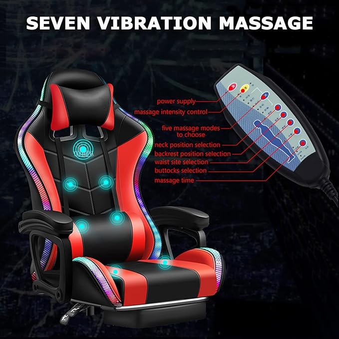 RGB Gaming Chair with Speakers Ergonomic Massage Computer Chair with Footrest Lumbar Support Headrest PU Leather 360°Swivel Recliner Chair High Back Video Game Chair for Adult TeensWhite