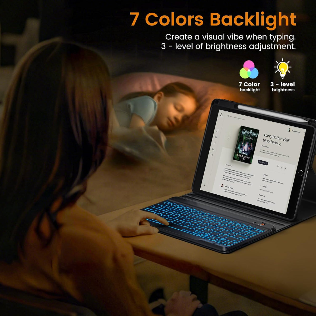 OYEEICE for iPad 9th Generation Case with Keyboard 10.2'' - 7 Color Backlit Wireless Keyboard Cover with Pencil Holder for iPad 9th/8th/7th Gen 10.2 inch, iPad Air 3rd Gen & iPad Pro 10.5" - Black