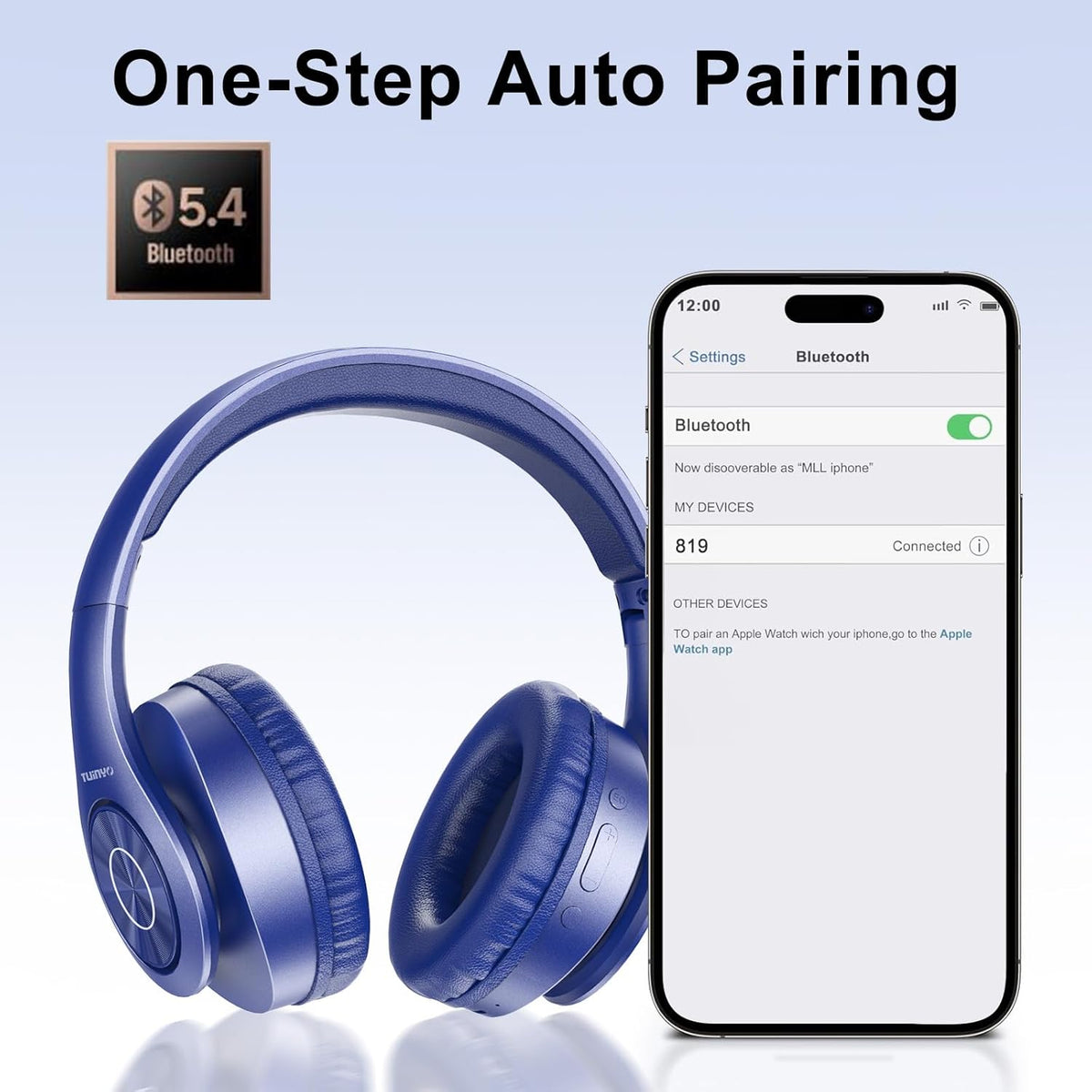 TUINYO Bluetooth Headphones Wireless, Over Ear Stereo Wireless Headset 40H Playtime with deep bass, Soft Memory-Protein Earmuffs, Built-in Mic Wired Mode PC/Cell Phones/TV-Dark Blue