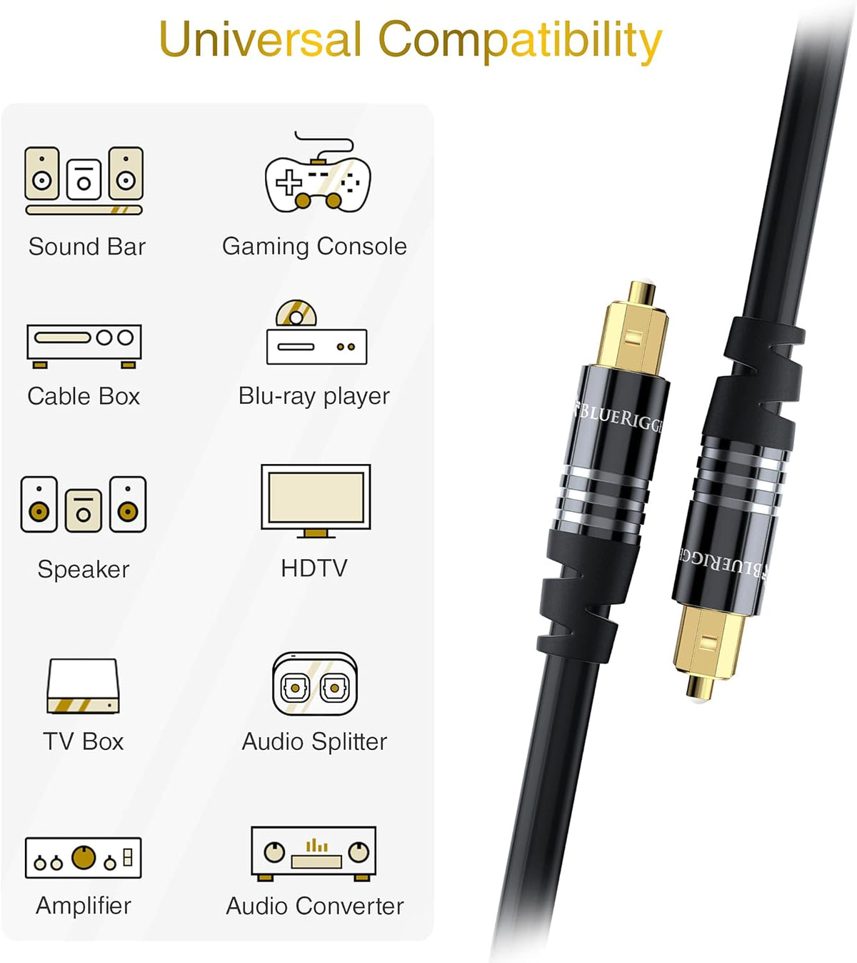 (6FT, 24K PS4 BlueRigger Digital Optical Audio Toslink Cable Fiber Optic, Aluminum Shell, Gold-Plated) - Compatible