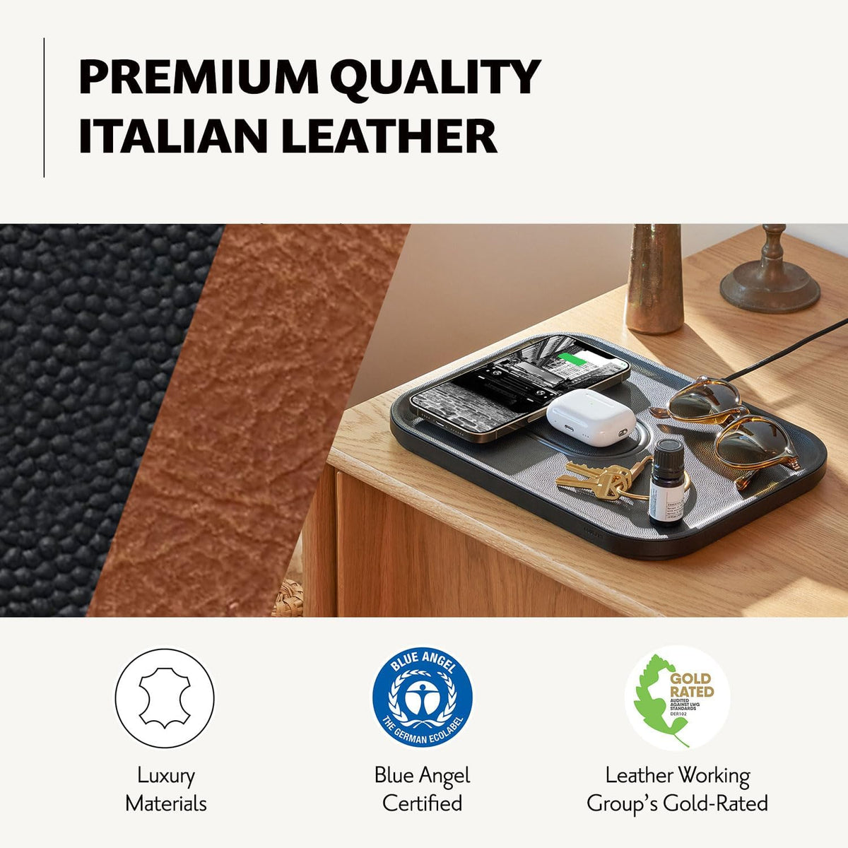 COURANT MAG:3 Classics Charger and Tray - Italian Leather, Multi-Device Charger Compatible with MagSafe iPhones 16, 15, 14, 13, 12 or Wireless AirPod Cases (Saddle)