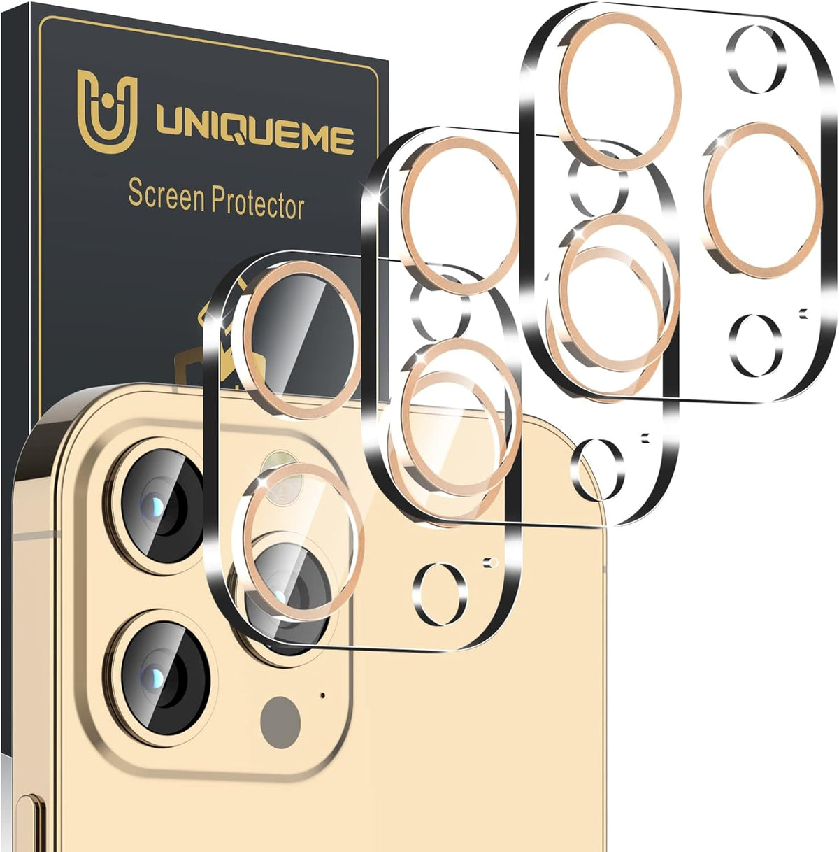 UniqueMe [3 Pack] Camera Lens Protector Compatible with iPhone 13 Pro 6.1" / 13 Pro Max 6.7" Tempered Glass,[Case Friendly][New version][Scratch-Resistant][Easy Installation] -Gold