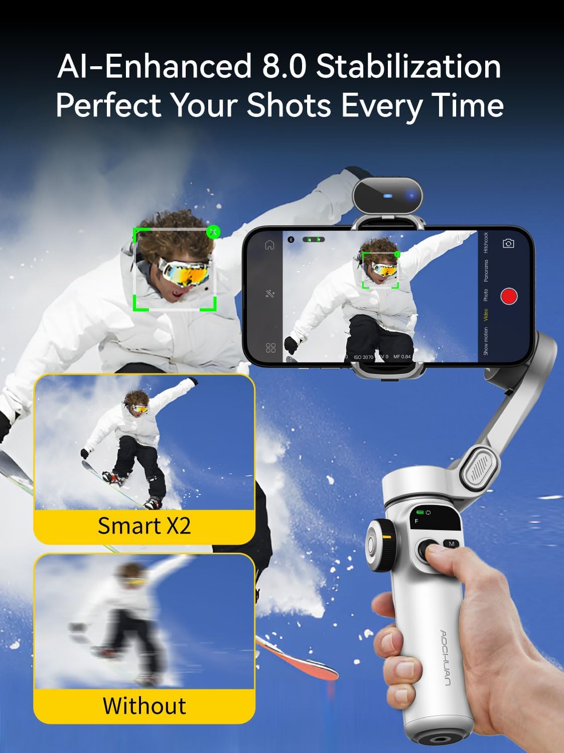 Gimbal Stabilizer for iPhone, Phone Gimbal with AI Tracking Sensor for Vlog Recording, 3-Axis Phone Gimbal with 7.8' Extension Rod and OLED Display for iPhone/Android-Smart X2 AI White