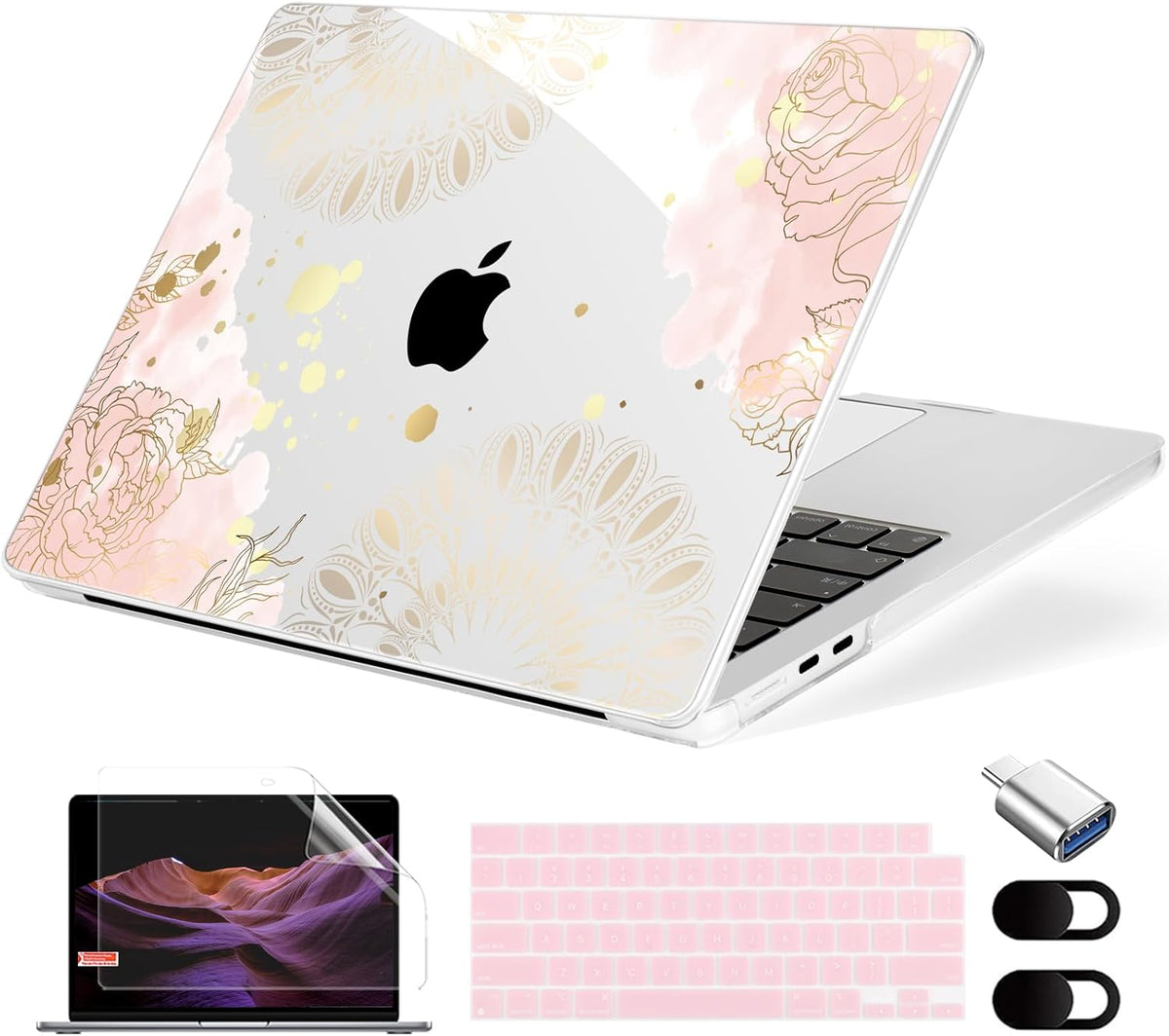 Compatible with MacBook Air 13.6 inch Case, M4 A3240/M3 A3113/M2 A2681 (Released 2025 to 2022), Hard Shell, Keyboard Cover, Screen Protector, Webcam Cover & Type-C Adapter, Vector Flower2