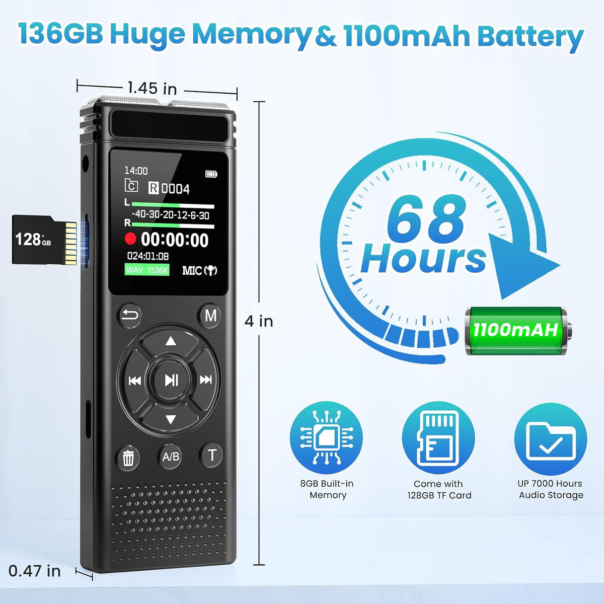 136GB Digital Voice Recorder with Playback,9000 Hours Audio Recording Device,Voice Activated Recorder with Noise Reduction,A-B Repeat,Mp3 Player and Password for Lectures Meeting/Classes/Interviews